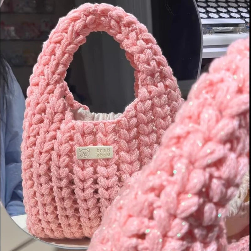 KN2603021 Sparkling Heart Knit Egg Bag DIY Knitting Kit with Video Tutorial or Handmade Finished Bag
