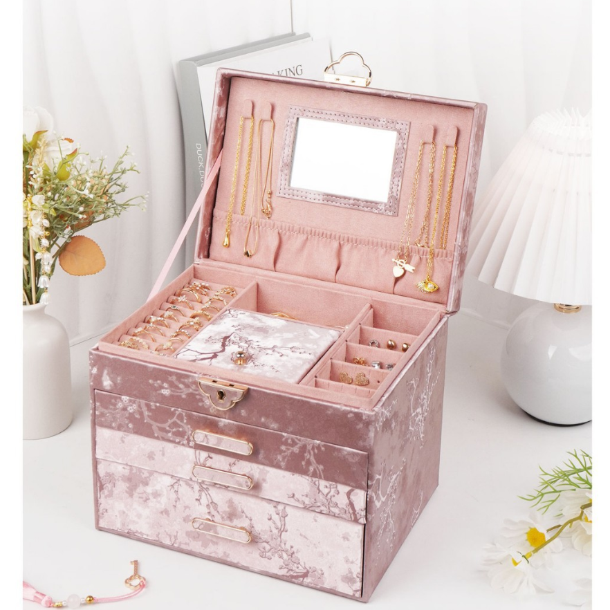 Plum Blossom Four-Layer Satin Luxury Jewelry Keepsake Box with Handle – Large Capacity for Necklaces & Earrings