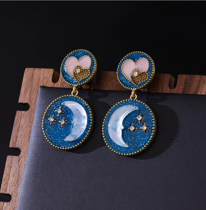 Vintage Style Embossed Star & Moon Earrings, New Chinese Retro Enamel & Diamond-Studded Drop Earrings