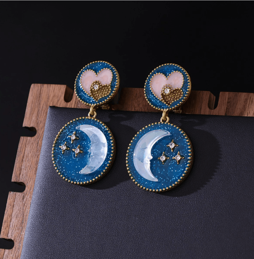 Vintage Style Embossed Star & Moon Earrings, New Chinese Retro Enamel & Diamond-Studded Drop Earrings
