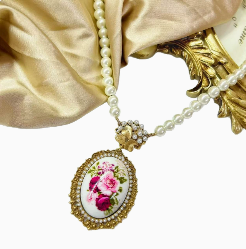 Court Style Ukiyo-e Beauty Earrings, New Chinese Classical Floral Print Necklace with Pearl Drop Pendant