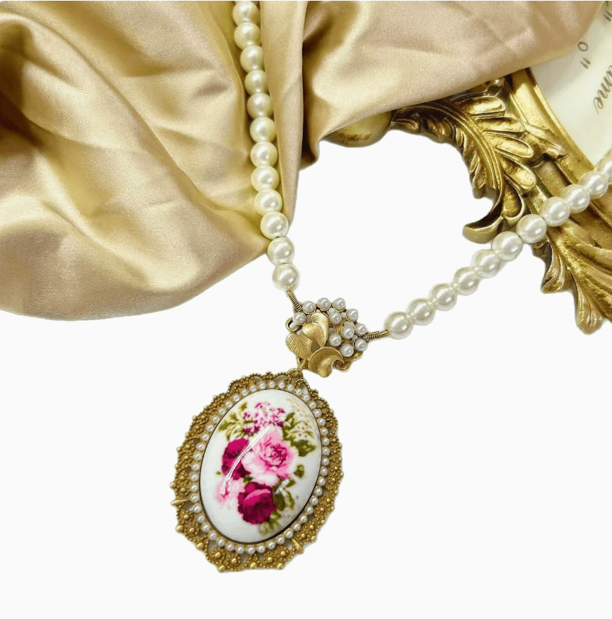 Court Style Ukiyo-e Beauty Earrings, New Chinese Classical Floral Print Necklace with Pearl Drop Pendant