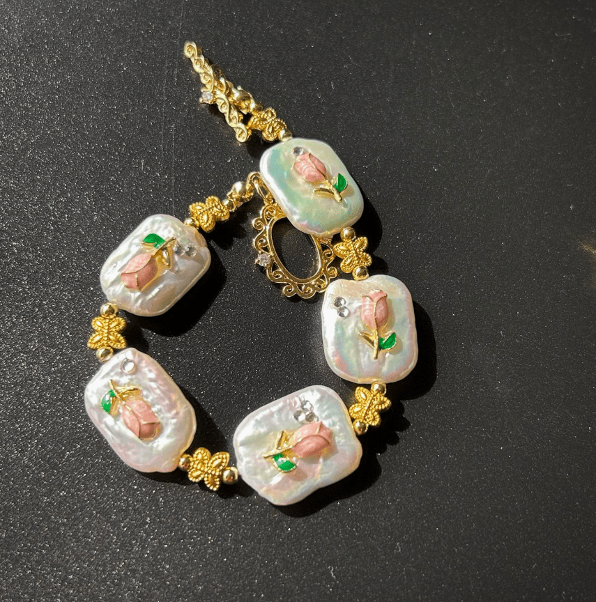 Vintage Baroque Pearl Necklace Jewelry Set with Gold-Plated Copper & Pink Enamel Tulip Design
