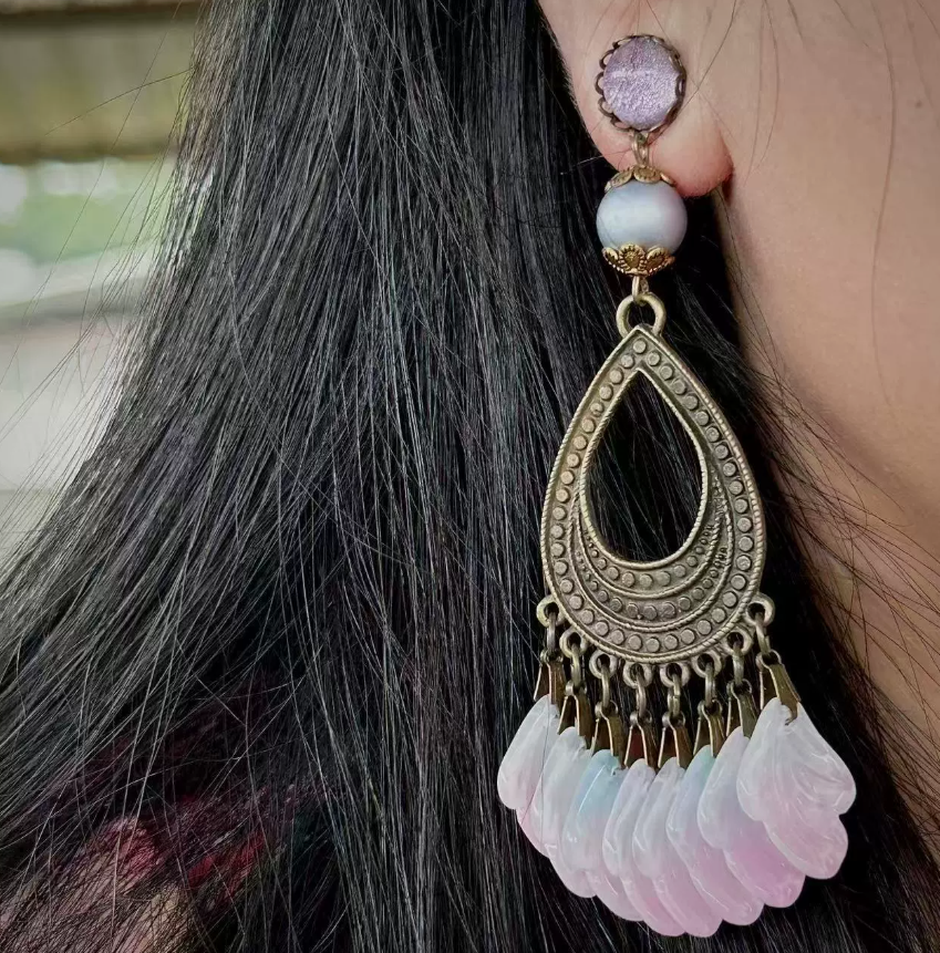 Vintage Handmade Pink Leaf & Purple Floral Glass Necklace & Earrings Set – Statement Tassel Jewelry