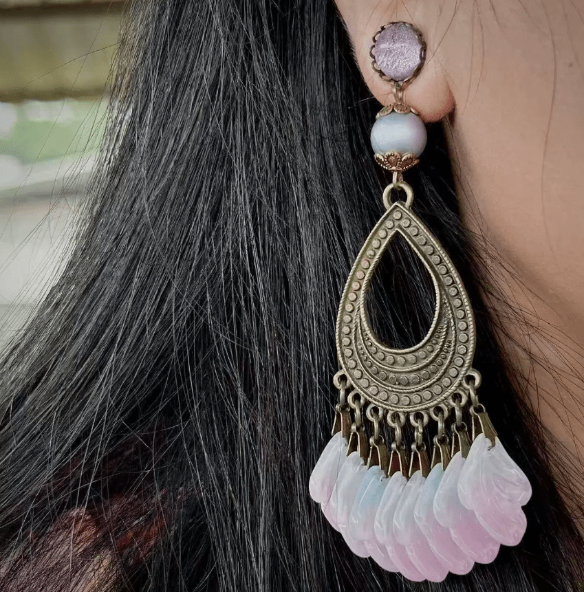 Vintage Handmade Pink Leaf & Purple Floral Glass Necklace & Earrings Set – Statement Tassel Jewelry