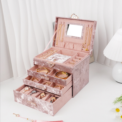 Plum Blossom Four-Layer Satin Luxury Jewelry Keepsake Box with Handle – Large Capacity for Necklaces & Earrings