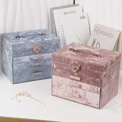 Plum Blossom Four-Layer Satin Luxury Jewelry Keepsake Box with Handle – Large Capacity for Necklaces & Earrings