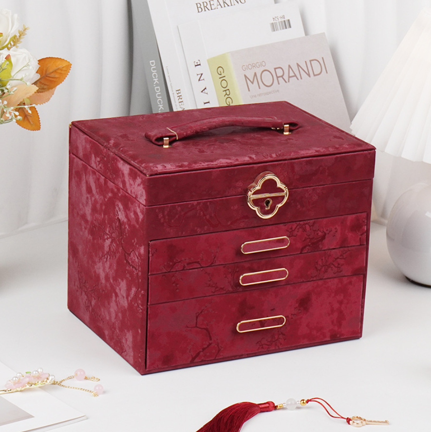 Plum Blossom Four-Layer Satin Luxury Jewelry Keepsake Box with Handle – Large Capacity for Necklaces & Earrings