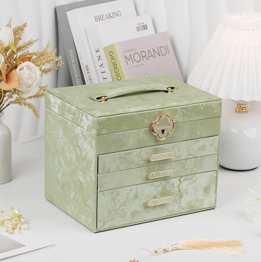 Plum Blossom Four-Layer Satin Luxury Jewelry Keepsake Box with Handle – Large Capacity for Necklaces & Earrings