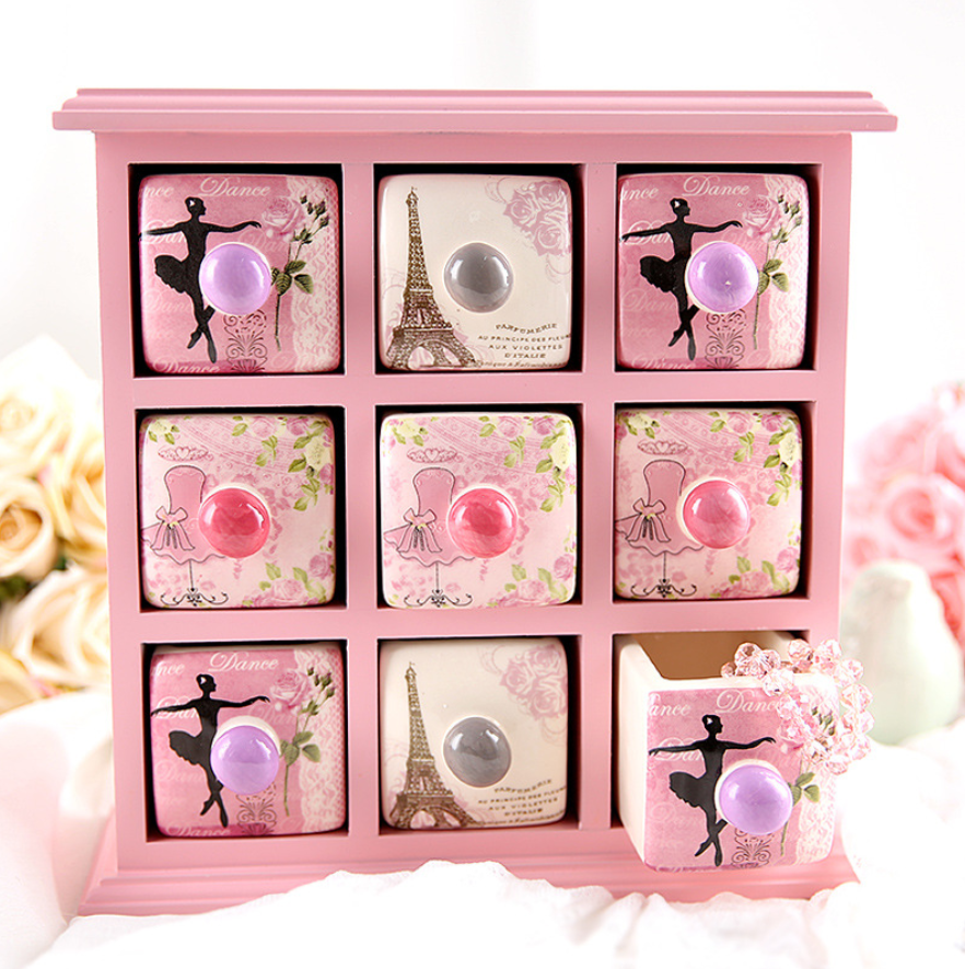 European-Style 9-Compartment Creative Desktop Jewelry Keepsake Box with Wooden & Ceramic Drawers