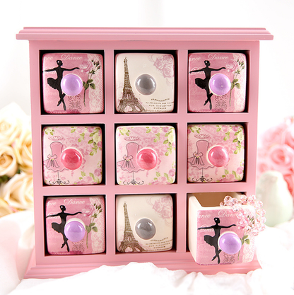 European-Style 9-Compartment Creative Desktop Jewelry Keepsake Box with Wooden & Ceramic Drawers