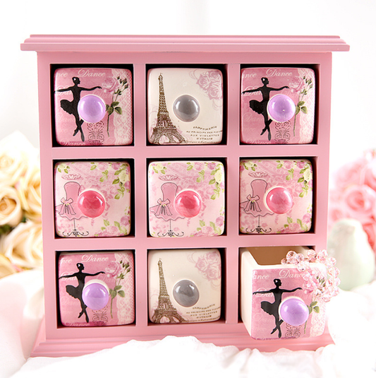 European-Style 9-Compartment Creative Desktop Jewelry Keepsake Box with Wooden & Ceramic Drawers