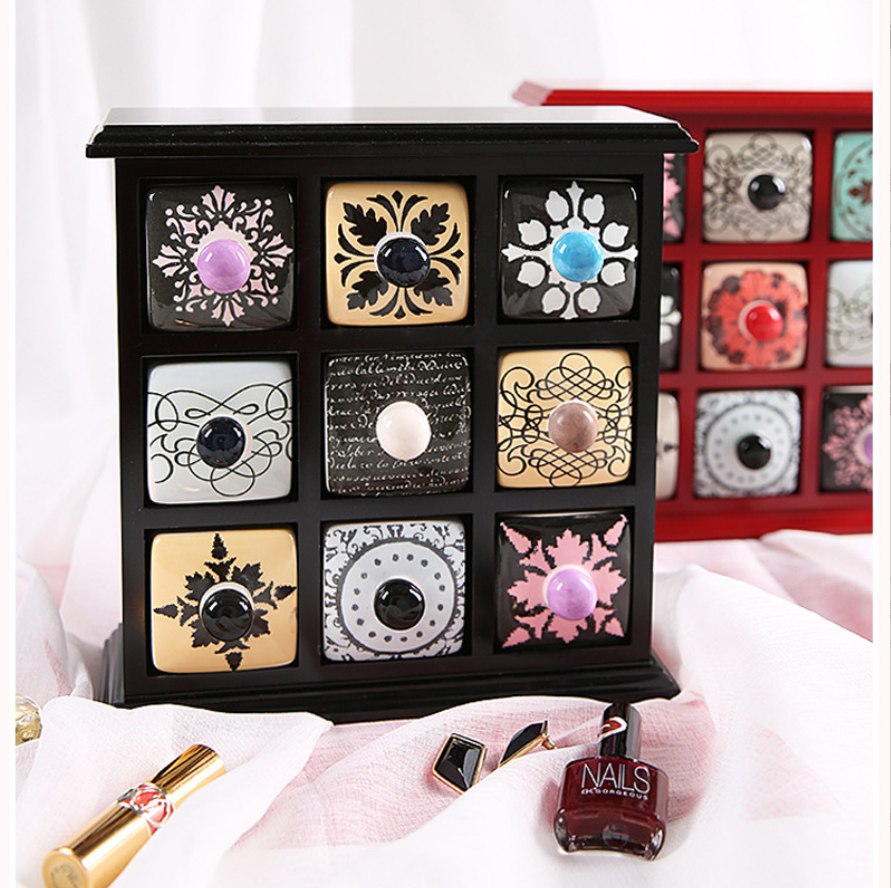 European-Style 9-Compartment Creative Desktop Jewelry Keepsake Box with Wooden & Ceramic Drawers
