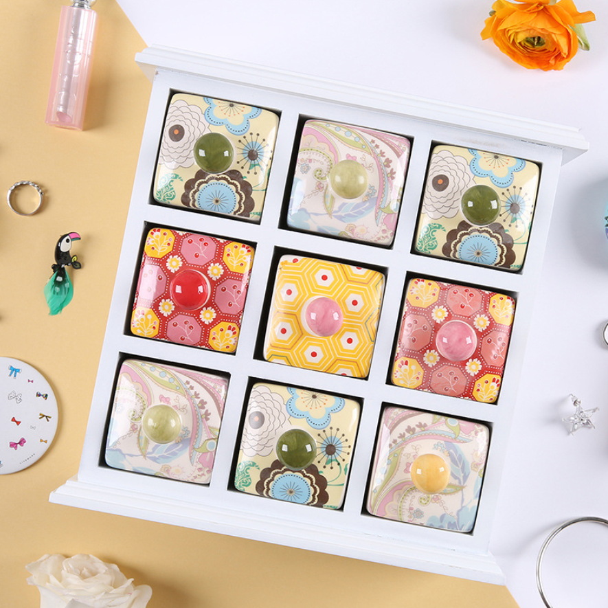 European-Style 9-Compartment Creative Desktop Jewelry Keepsake Box with Wooden & Ceramic Drawers