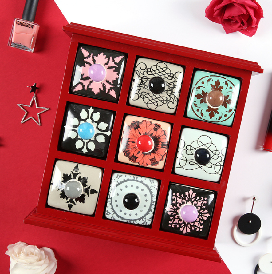 European-Style 9-Compartment Creative Desktop Jewelry Keepsake Box with Wooden & Ceramic Drawers