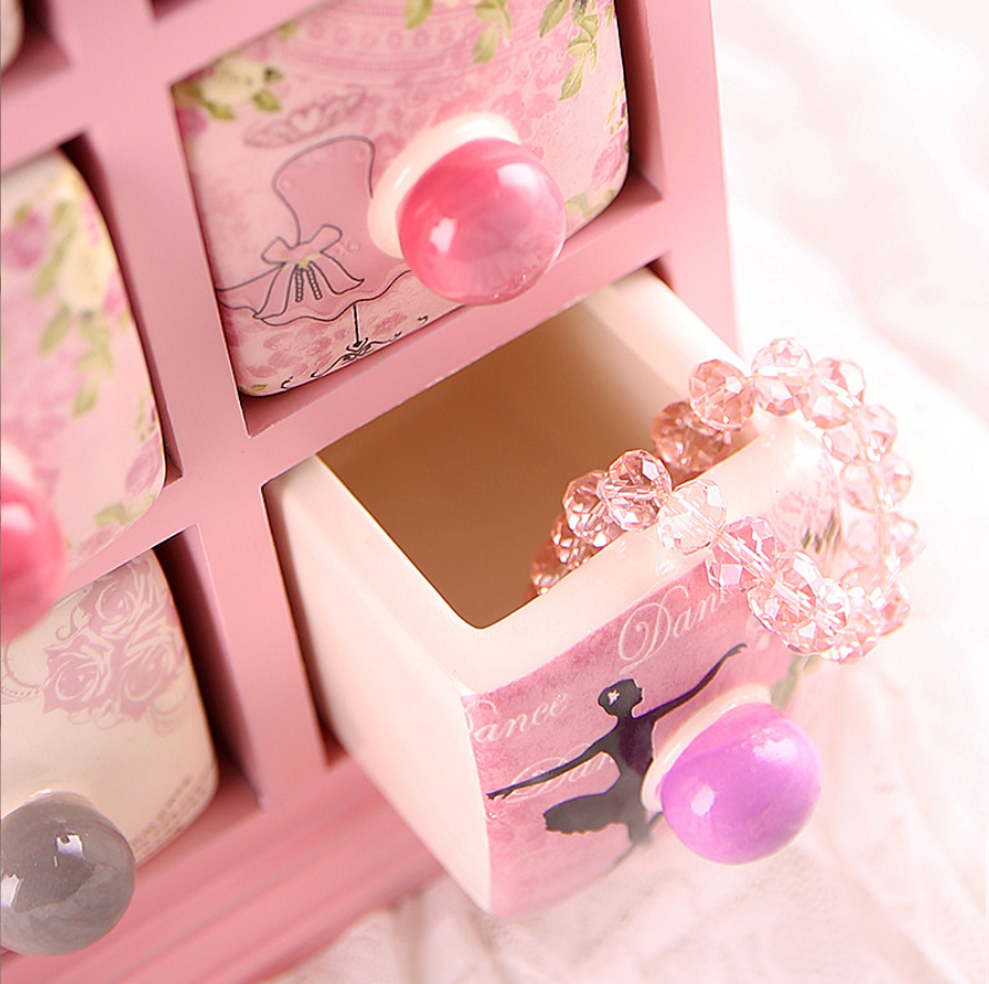 European-Style 9-Compartment Creative Desktop Jewelry Keepsake Box with Wooden & Ceramic Drawers