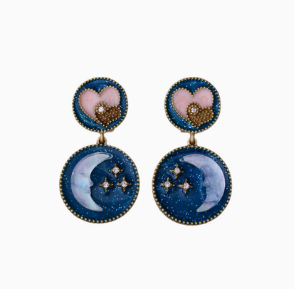 Vintage Style Embossed Star & Moon Earrings, New Chinese Retro Enamel & Diamond-Studded Drop Earrings