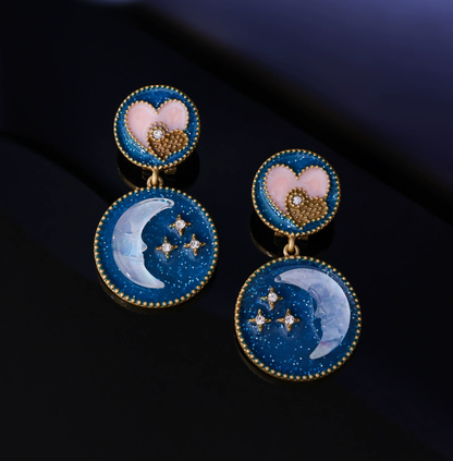 Vintage Style Embossed Star & Moon Earrings, New Chinese Retro Enamel & Diamond-Studded Drop Earrings
