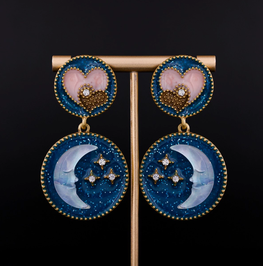 Vintage Style Embossed Star & Moon Earrings, New Chinese Retro Enamel & Diamond-Studded Drop Earrings