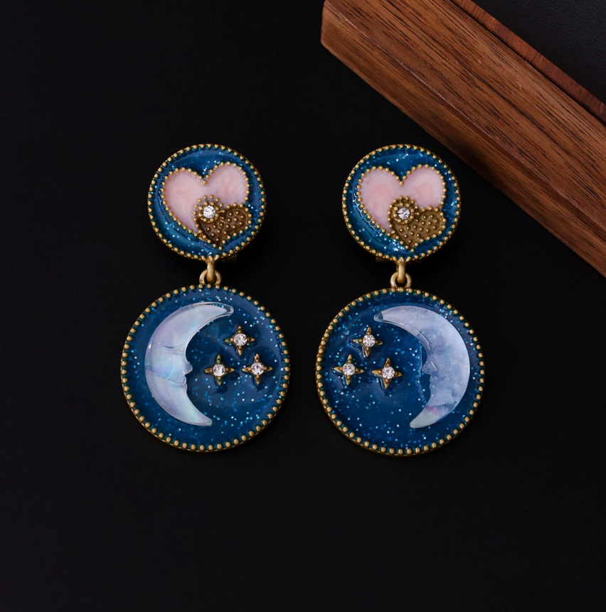 Vintage Style Embossed Star & Moon Earrings, New Chinese Retro Enamel & Diamond-Studded Drop Earrings