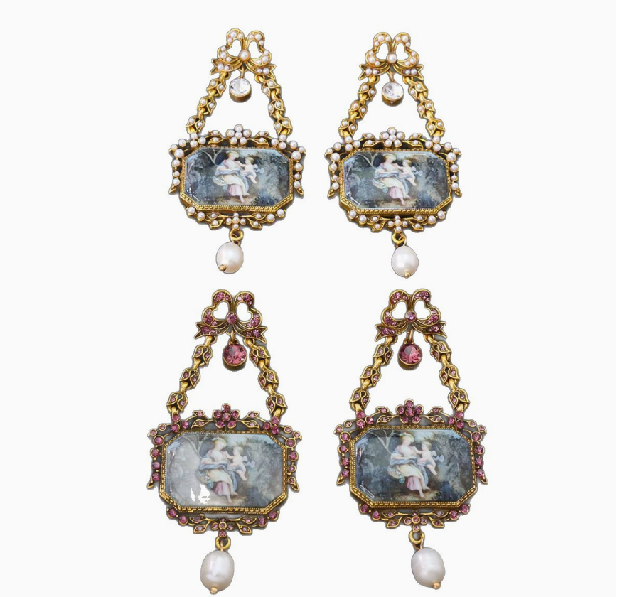 Elegant Vintage Bow Drop Earrings with Hollow Design, Court Style, Freshwater Pearl & Enamel Painting Studs