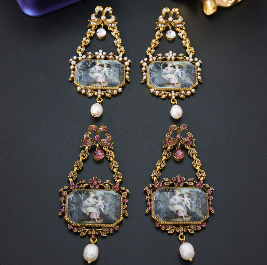 Elegant Vintage Bow Drop Earrings with Hollow Design, Court Style, Freshwater Pearl & Enamel Painting Studs