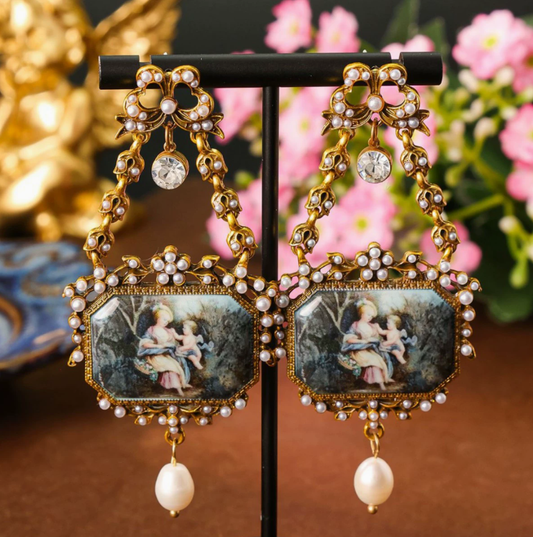 Elegant Vintage Bow Drop Earrings with Hollow Design, Court Style, Freshwater Pearl & Enamel Painting Studs
