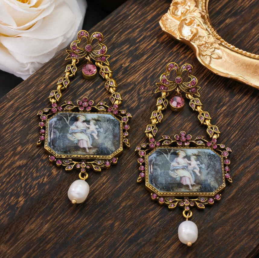 Elegant Vintage Bow Drop Earrings with Hollow Design, Court Style, Freshwater Pearl & Enamel Painting Studs