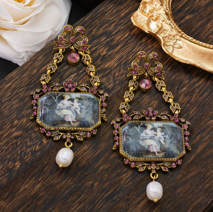 Elegant Vintage Bow Drop Earrings with Hollow Design, Court Style, Freshwater Pearl & Enamel Painting Studs