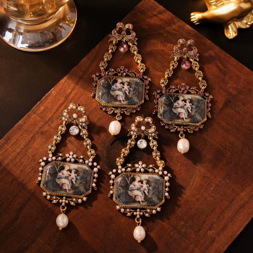 Elegant Vintage Bow Drop Earrings with Hollow Design, Court Style, Freshwater Pearl & Enamel Painting Studs