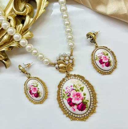 Court Style Ukiyo-e Beauty Earrings, New Chinese Classical Floral Print Necklace with Pearl Drop Pendant