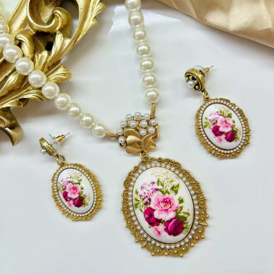 Court Style Ukiyo-e Beauty Earrings, New Chinese Classical Floral Print Necklace with Pearl Drop Pendant