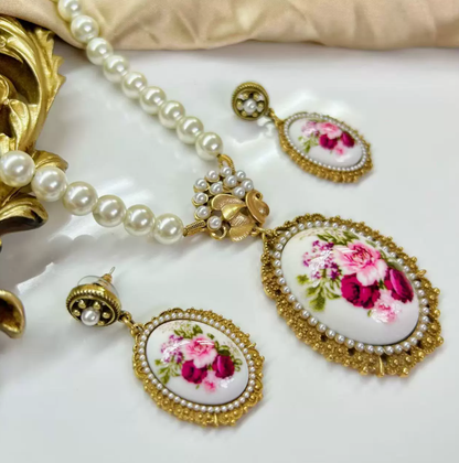 Court Style Ukiyo-e Beauty Earrings, New Chinese Classical Floral Print Necklace with Pearl Drop Pendant