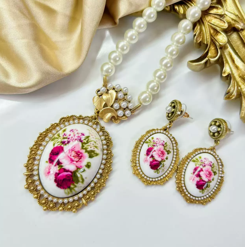 Court Style Ukiyo-e Beauty Earrings, New Chinese Classical Floral Print Necklace with Pearl Drop Pendant