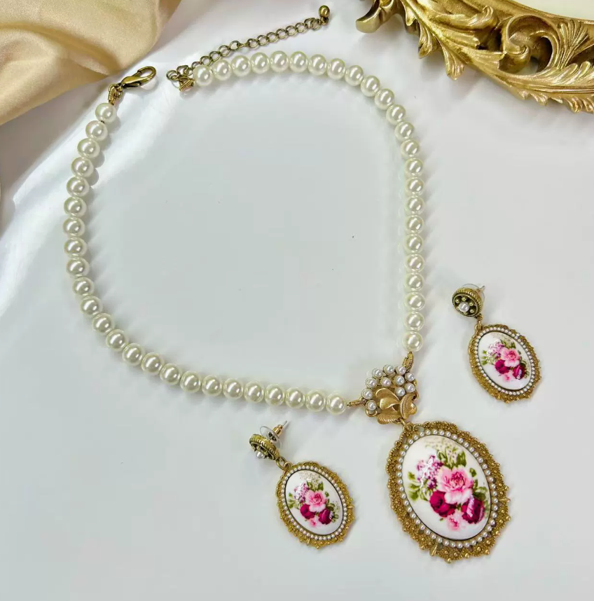 Court Style Ukiyo-e Beauty Earrings, New Chinese Classical Floral Print Necklace with Pearl Drop Pendant