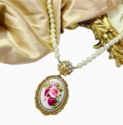 Court Style Ukiyo-e Beauty Earrings, New Chinese Classical Floral Print Necklace with Pearl Drop Pendant