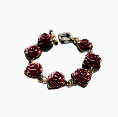 Vintage Natural Cinnabar Rose Bracelet with Imperial Purple Goldstone Setting – Women’s Retro Jewelry