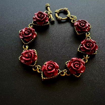 Vintage Natural Cinnabar Rose Bracelet with Imperial Purple Goldstone Setting – Women’s Retro Jewelry