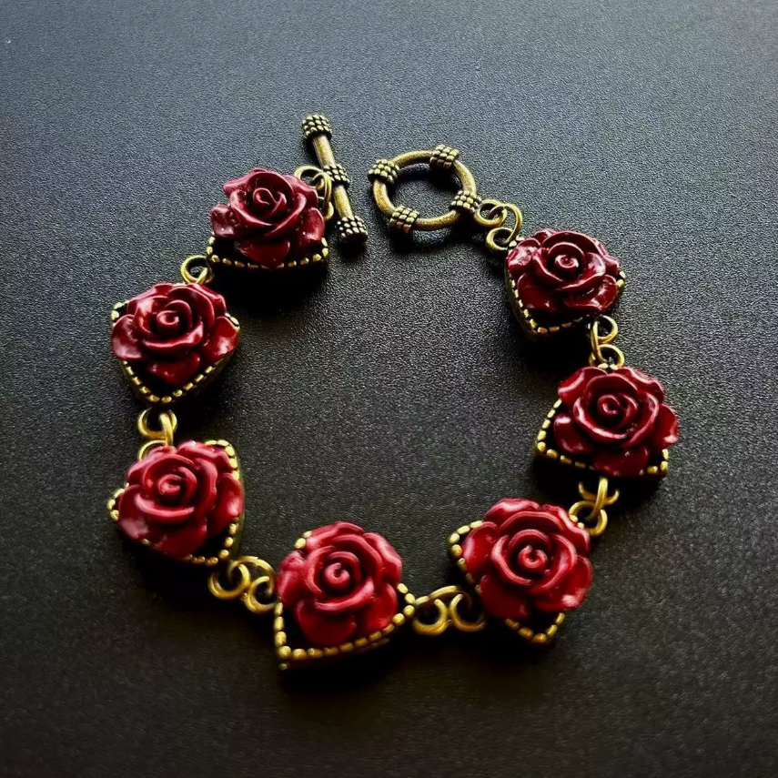 Vintage Natural Cinnabar Rose Bracelet with Imperial Purple Goldstone Setting – Women’s Retro Jewelry