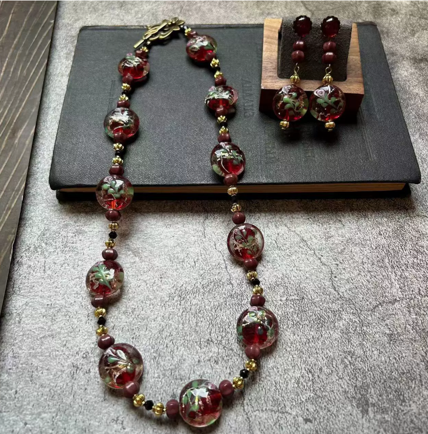 Vintage Handmade Glass Necklace with Red & Green Floral Design and Gold Foil – Elegant Statement Jewelry