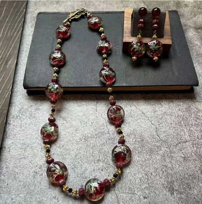 Vintage Handmade Glass Necklace with Red & Green Floral Design and Gold Foil – Elegant Statement Jewelry