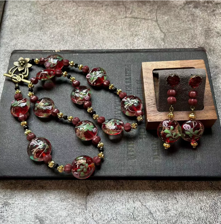 Vintage Handmade Glass Necklace with Red & Green Floral Design and Gold Foil – Elegant Statement Jewelry