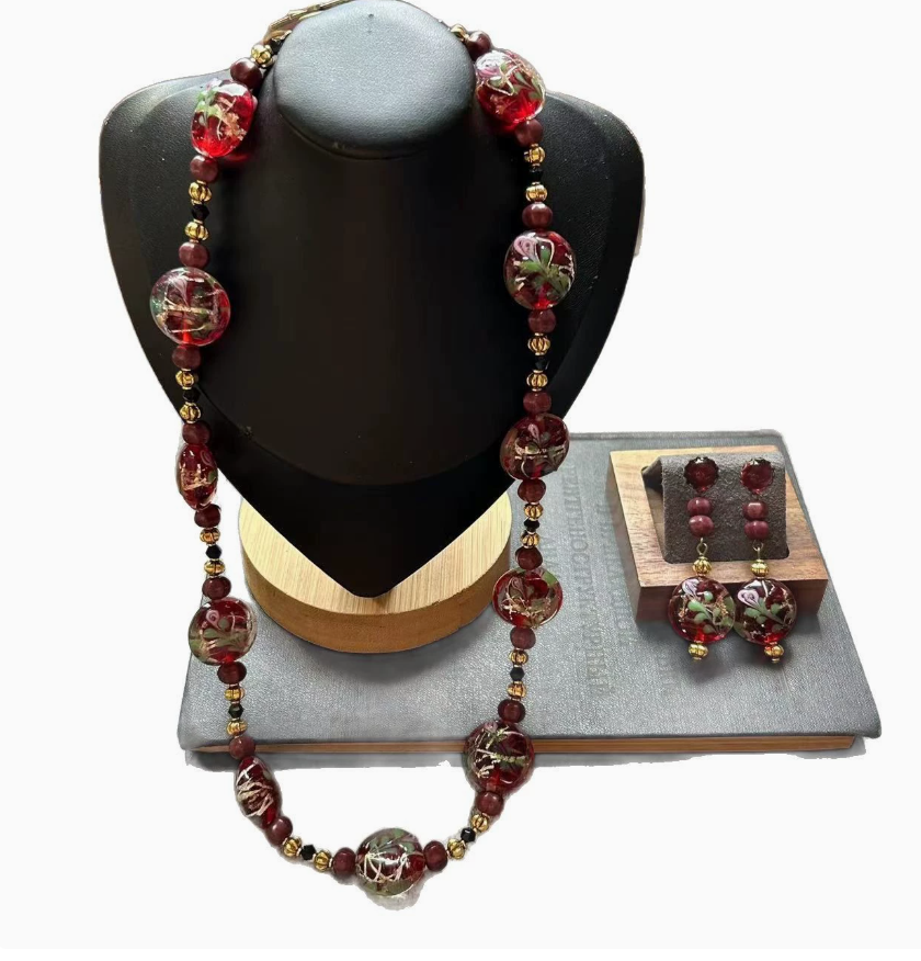 Vintage Handmade Glass Necklace with Red & Green Floral Design and Gold Foil – Elegant Statement Jewelry