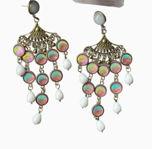 Ethnic-Inspired Pink Resin Shell Earrings – Vintage Court-Style Statement Jewelry