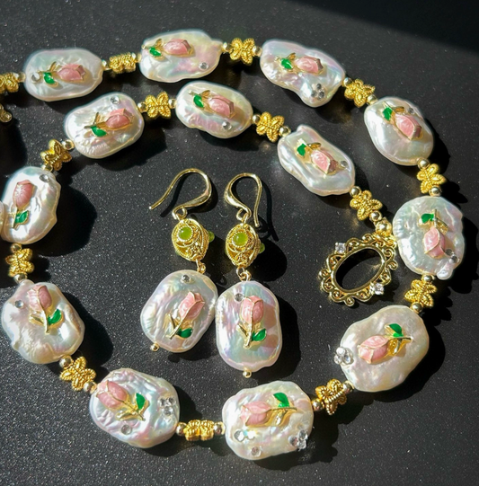 Vintage Baroque Pearl Necklace Jewelry Set with Gold-Plated Copper & Pink Enamel Tulip Design