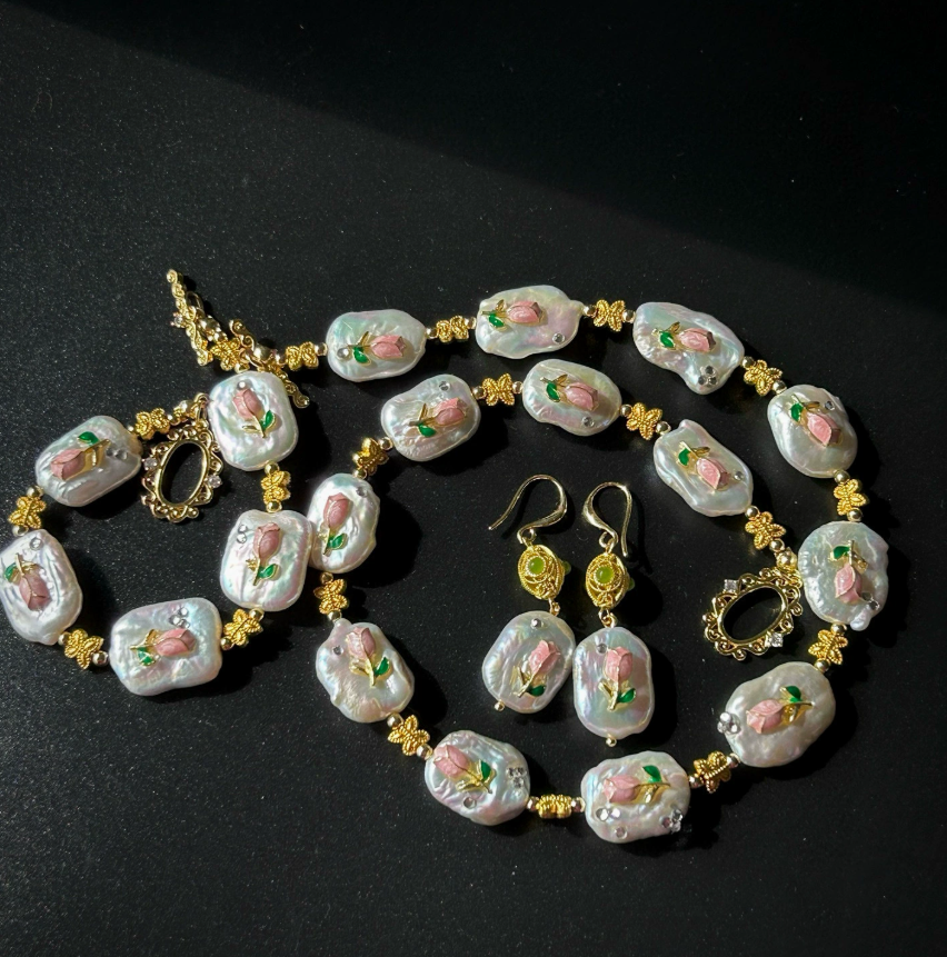 Vintage Baroque Pearl Necklace Jewelry Set with Gold-Plated Copper & Pink Enamel Tulip Design