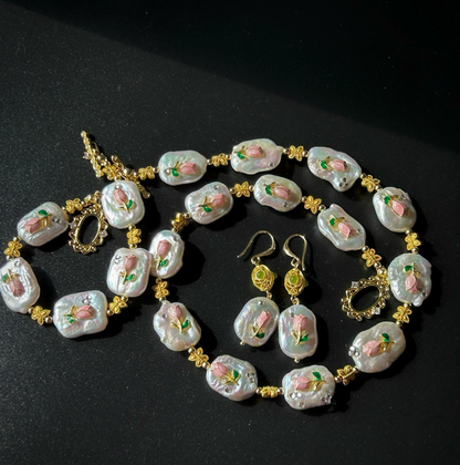 Vintage Baroque Pearl Necklace Jewelry Set with Gold-Plated Copper & Pink Enamel Tulip Design