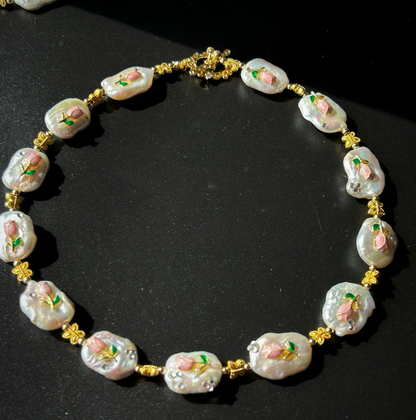 Vintage Baroque Pearl Necklace Jewelry Set with Gold-Plated Copper & Pink Enamel Tulip Design
