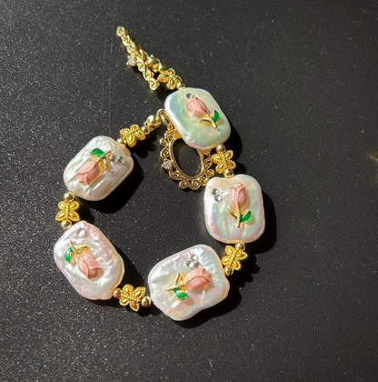 Vintage Baroque Pearl Necklace Jewelry Set with Gold-Plated Copper & Pink Enamel Tulip Design