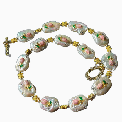 Vintage Baroque Pearl Necklace Jewelry Set with Gold-Plated Copper & Pink Enamel Tulip Design